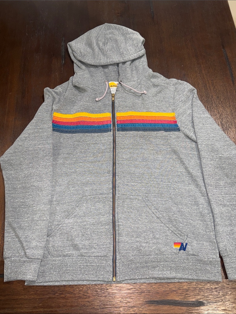 Aviator Nation 5 Stripe Gray Zip Hoodie XL